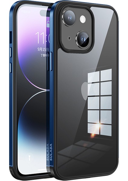 Iphone 15 Plus Artı Yüksek Şeffaflık Telefon Kasası Elektrumanlı Metal Çerçeve Tpu+Temperli Cam Dark Mavi Telefon Kılıfı (Yurt Dışından)
