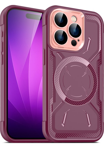 Iphone 15 Pro Max Manyetik Tpu+Pc Kamera Lensli Film Şartı Kırmızı ile Emici Telefon Kılıfı (Yurt Dışından)