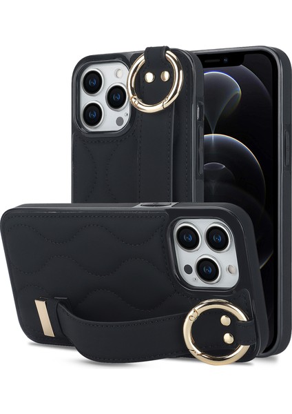 Iphone 12 Pro Max Shockproof Vaka Dalgası Pu Pu+Tpu Kickstand Telefon Black Telefon Kılıfı (Yurt Dışından)