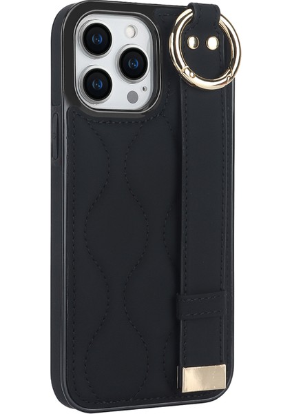 Iphone 12 Pro Max Shockproof Vaka Dalgası Pu Pu+Tpu Kickstand Telefon Black Telefon Kılıfı (Yurt Dışından)