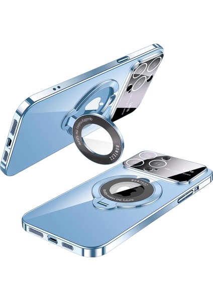 Mavi ile Uyumlu iPhone 15 Pro Kickstand Cam Lens Film Telefon Kabuğu Için Elektrokaplatma Anti Drop Pc Telefon Kılıfı (Yurt Dışından)