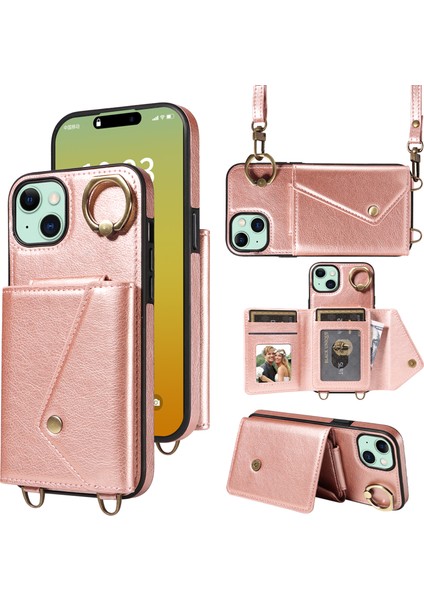 Iphone 15 Plus Kart Torba Tasarım Yüzüğü Kickstand Cep Telefonu Kapağı Litchi Doku Deri+Tpu Omuz Kayışı Rose Altın ile Geri Koruyucu Telefon Kılıfı (Yurt Dışından)