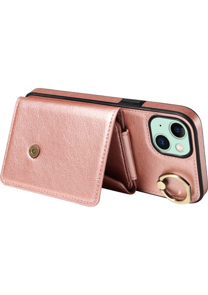 Iphone 15 Plus Kart Torba Tasarım Yüzüğü Kickstand Cep Telefonu Kapağı Litchi Doku Deri+Tpu Omuz Kayışı Rose Altın ile Geri Koruyucu Telefon Kılıfı (Yurt Dışından) modelleri