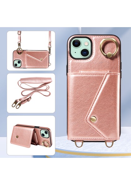 Iphone 15 Plus Kart Torba Tasarım Yüzüğü Kickstand Cep Telefonu Kapağı Litchi Doku Deri+Tpu Omuz Kayışı Rose Altın ile Geri Koruyucu Telefon Kılıfı (Yurt Dışından) indirimleri