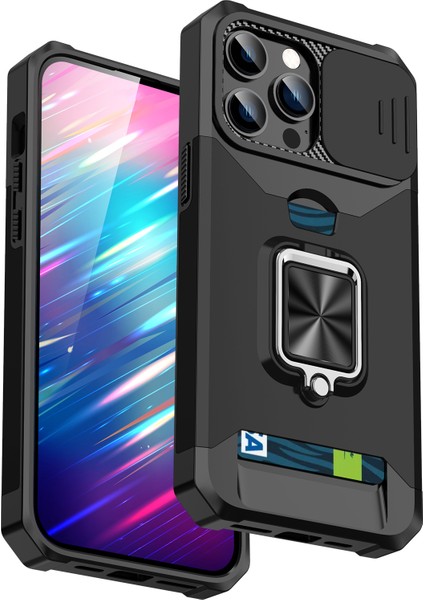 Iphone 15 Pro Case Anti Cratch Pc+Tpu Kickstand Telefon Geri Kapağı Slayt Lens Koruyucusu Black Telefon Kılıfı (Yurt Dışından)