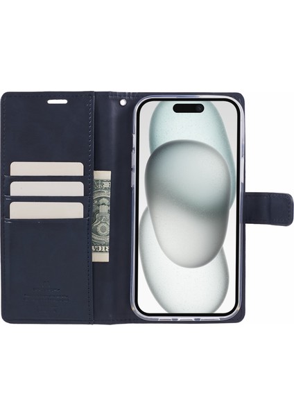 Iphone 15 Plus Için Moon Plus Pu Pu Deri Flip Shell Dark Mavi Telefon Kılıfı (Yurt Dışından)