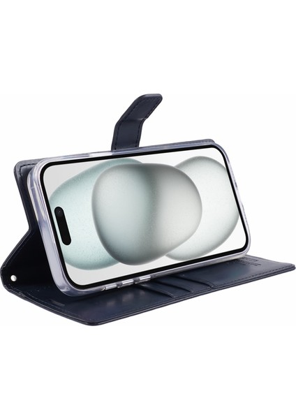 Iphone 15 Plus Için Moon Plus Pu Pu Deri Flip Shell Dark Mavi Telefon Kılıfı (Yurt Dışından)