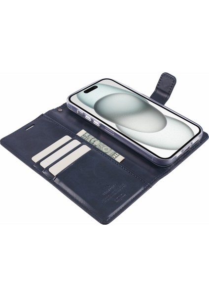 Iphone 15 Plus Için Moon Plus Pu Pu Deri Flip Shell Dark Mavi Telefon Kılıfı (Yurt Dışından)