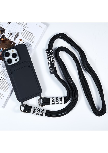 Iphone 15 Pro Max Sıvı Silikon Kart Kartı Yuvası Şok Geçirmez Koruyucu Strap Black Telefon Kılıfı (Yurt Dışından)