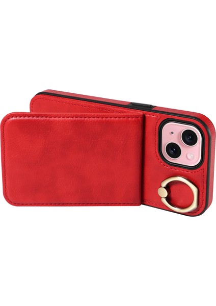 iPhone 15 Plus Için Case Litchi Doku Pu Deri+Tpu Cep Telefonu Kickstand Kırmızısı Telefon Kılıfı (Yurt Dışından)