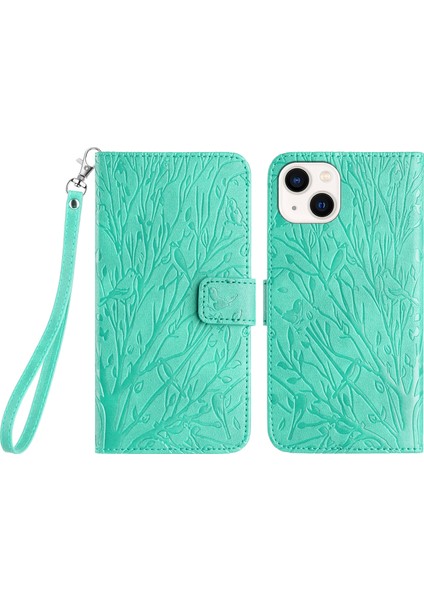 Iphone 15 Plus Cover Tree Bird Pu Deri Deri Stand Cep Telefonu Yeşil Telefon Kılıfı (Yurt Dışından)