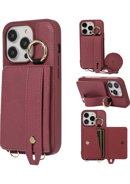 Iphone 15 Pro Case Deri+Tpu Kickstand Omuz Kayışı Pullu Telefon Kılıfı (Yurt Dışından)