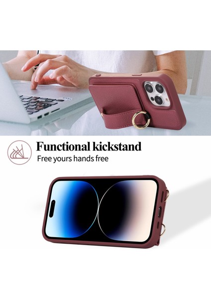 Iphone 15 Pro Case Deri+Tpu Kickstand Omuz Kayışı Pullu Telefon Kılıfı (Yurt Dışından)