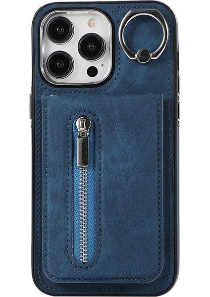 Iphone 15 Plus Fermuar Cep Deri+Tpu Kickstand El Kayışı ve Omuz Kayış Mavisi Telefon Kılıfı (Yurt Dışından)