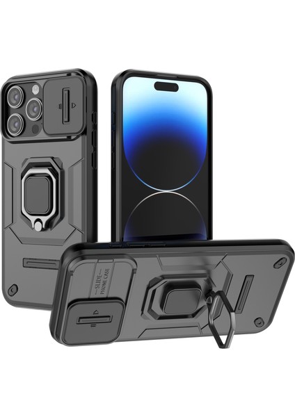 Slayt Lensli iPhone 15 Pro Kickstand Için Pc+Tpu Şok Geçirmez Sağlam Kabuk Black Telefon Kılıfı (Yurt Dışından)