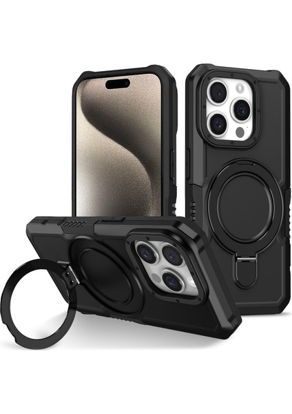 Iphone 15 Pro Max Ring Kickstand Case Tpu+Pc Manyetik Telefon Black Telefon Kılıfı (Yurt Dışından)