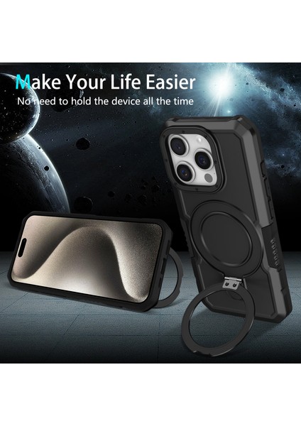 Iphone 15 Pro Max Ring Kickstand Case Tpu+Pc Manyetik Telefon Black Telefon Kılıfı (Yurt Dışından)