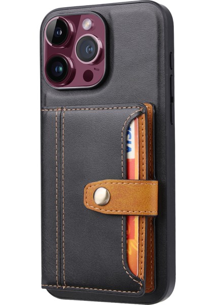 Iphone 15 Pro Max Maksimum Buzağı Dokusu Telefon Yuvaları Kickstand Pu Deri Kaplamalı Tpu Arka Black Telefon Kılıfı (Yurt Dışından)