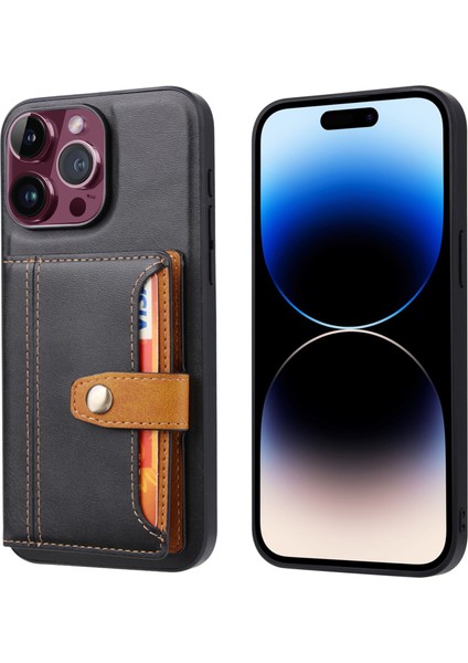 Iphone 15 Pro Max Maksimum Buzağı Dokusu Telefon Yuvaları Kickstand Pu Deri Kaplamalı Tpu Arka Black Telefon Kılıfı (Yurt Dışından)