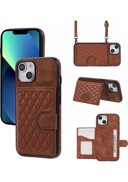 Iphone 13 Mini 5.4 Inç Cep Telefonu Izgara Baskılı Pu Deri Kaplamalı Tpu Kickstand Cover Brown Telefon Kılıfı (Yurt Dışından)