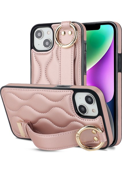 Iphone 13 Vaka Dalga Deseni Pu+Tpu Kickstand Rose Gold ile Telefon Kılıfı (Yurt Dışından)