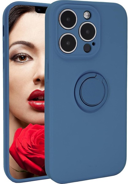 Iphone 15 Pro Ring Kickstand Case Için Sıvı Silikon Anti Çizgi Anti Çizelge , Halat Dark Mavi Telefon Kılıfı (Yurt Dışından)