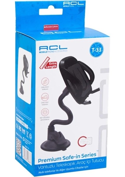 T-33 Vantuz + Braketi 360 Derece Siyah Telefon Tutucu