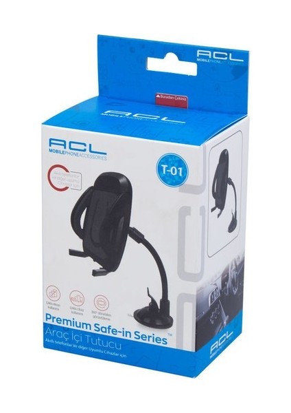 T-01 Vantuz + Braketi 360 Derece Siyah Telefon Tutucu
