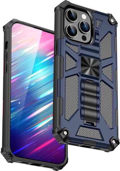 iPhone15 Pro Max Telefon Kapağı Kickstand Yumuşak Tpu+Sert Pc Geri Kılıf Dahili Metal Sac Mavisi (Yurt Dışından)