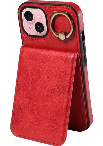 iPhone15 Kılıf Kartı Tutucu Bırak Damalı Pu Deri+Tpu Telefon Kapak-Kırmızı (Yurt Dışından)