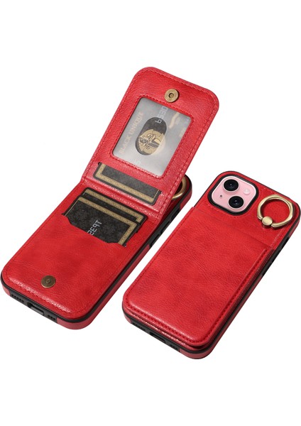iPhone15 Kılıf Kartı Tutucu Bırak Damalı Pu Deri+Tpu Telefon Kapak-Kırmızı (Yurt Dışından)