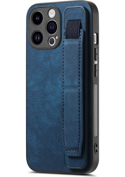 D11 Için iPhone15 Pro Deri+Tpu Telefon Kılıfı Bileklik Kickstand-Blue (Yurt Dışından)