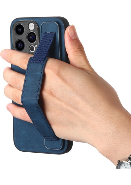 D11 Için iPhone15 Pro Deri+Tpu Telefon Kılıfı Bileklik Kickstand-Blue (Yurt Dışından) modelleri