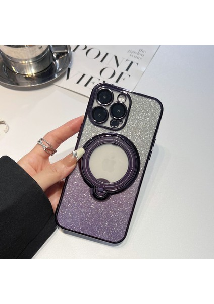 iPhone15 Plus Elektrokaplatma Tpu Telefon Kılıfı Magsafe Kickstand Glitter Cover-Purple ile Uyumlu (Yurt Dışından)