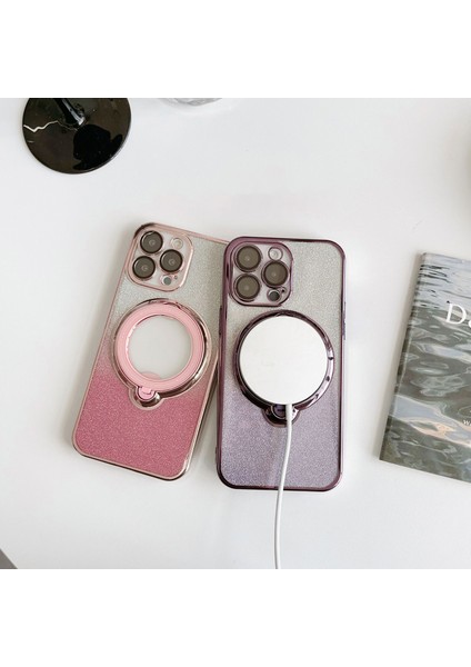 iPhone15 Plus Elektrokaplatma Tpu Telefon Kılıfı Magsafe Kickstand Glitter Cover-Purple ile Uyumlu (Yurt Dışından)