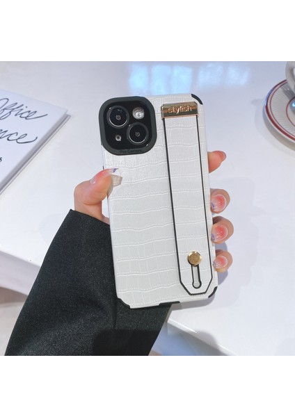 iPhone15 Plus Case Deri Kaplamalı Tpu Telefon Kapağı Bileklik Kickstand-White (Yurt Dışından)