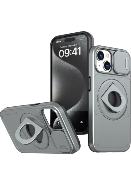 iPhone15 Manyetik Kılıf Kamera Koruma Telefon Kapağı Anti Drop Anti-Drop Ring Kickstand-Grey (Yurt Dışından)