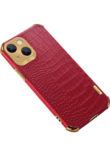 iPhone15 Timsah Doku Deri+Tpu Kapak 6d Elektrapanlama Anti-Slatch Anti Tele Kılıf Kırmızısı (Yurt Dışından)