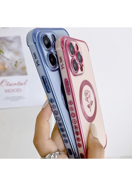 iPhone15 Pro Max Için Elektrokaplama Gül Çiçek Telefon Kılıfı Tpu Kapağı Magsafe-Pink ile Uyumlu (Yurt Dışından) fırsatları