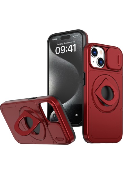 iPhone15 Manyetik Kılıf Kamera Koruma Telefon Kapağı Anti Drop Anti-Drop Ring Kickstand-Red (Yurt Dışından)
