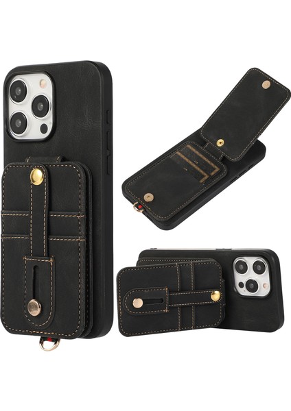 iPhone15 Pro Case Deri Kaplamalı Tpu Telefon Kapağı Dikey Flip Kart Çanta Black ile (Yurt Dışından)