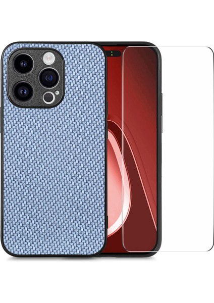 Yüksek Alüminyum Silicon Cam Film Karbon Fiber Deri+Pc Kapak Mavisi ile iPhone15 Pro Telefon Kılıfı (Yurt Dışından)