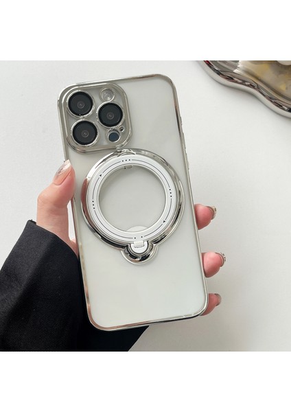 iPhone15 Pro Case Anti-Drop Pc+Tpu Ring Kickstand Telefon Kapağı Magsafe-Silver ile Uyumlu (Yurt Dışından)