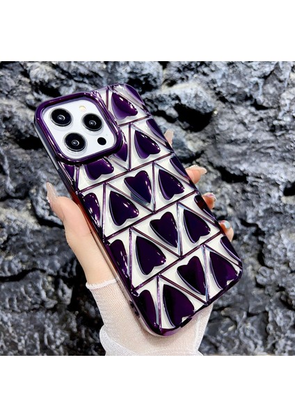 iPhone15 Pro Max Case Için Elektroplatma 3D Aşk Kalp Şekli Tpu Telefon Kapak-Dark Mor (Yurt Dışından)