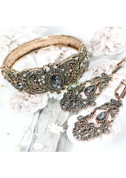 Gri Stil 4042U1623KIRMIZI Sunspicems Türk Vintage Bileklik Küpe Kadınlar Için Set Antika Altın Renk Gri Taş Manşet Bilezik Damla Küpe Hint Takı (Yurt Dışından) fiyatları