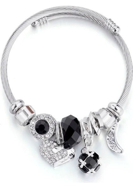 Siyah-Kalp Topu Charm Kadın Bilezik Gümüş Renk Zinciri Kırmızı Dudaklar Büyük Kalp Kristal Boncuk Kadın Manşet Bilezikler ve Bilezikler Takı Sevgililer Hediyesi (Yurt Dışından)