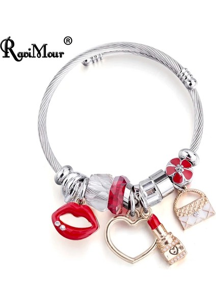 Siyah-Kalp Topu Charm Kadın Bilezik Gümüş Renk Zinciri Kırmızı Dudaklar Büyük Kalp Kristal Boncuk Kadın Manşet Bilezikler ve Bilezikler Takı Sevgililer Hediyesi (Yurt Dışından) fiyatları