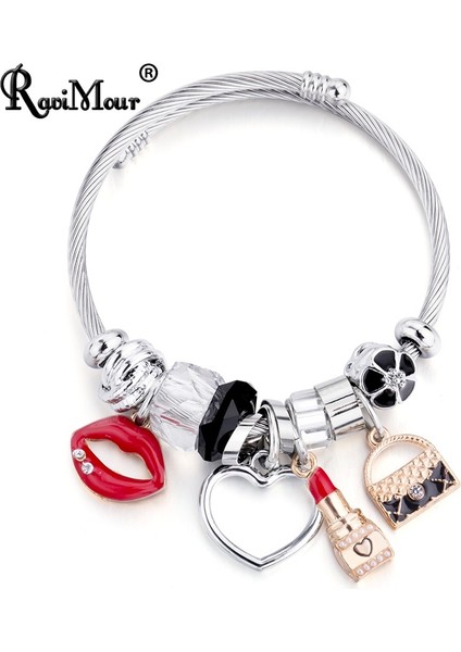 Siyah-Kalp Topu Charm Kadın Bilezik Gümüş Renk Zinciri Kırmızı Dudaklar Büyük Kalp Kristal Boncuk Kadın Manşet Bilezikler ve Bilezikler Takı Sevgililer Hediyesi (Yurt Dışından) fırsatları