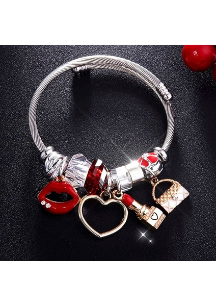 Siyah-Kalp Topu Charm Kadın Bilezik Gümüş Renk Zinciri Kırmızı Dudaklar Büyük Kalp Kristal Boncuk Kadın Manşet Bilezikler ve Bilezikler Takı Sevgililer Hediyesi (Yurt Dışından) indirimleri