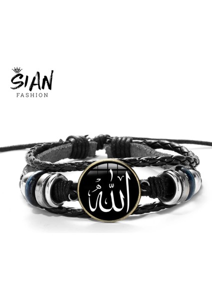 Stil 1 Sıan Arapça Müslüman Tanrı Allah Charm Bilezik Çok Katmanlı Siyah Punk Deri Bilezik Erkekler Kadınlar Islam Kuran Arap Klasik Takı (Yurt Dışından)